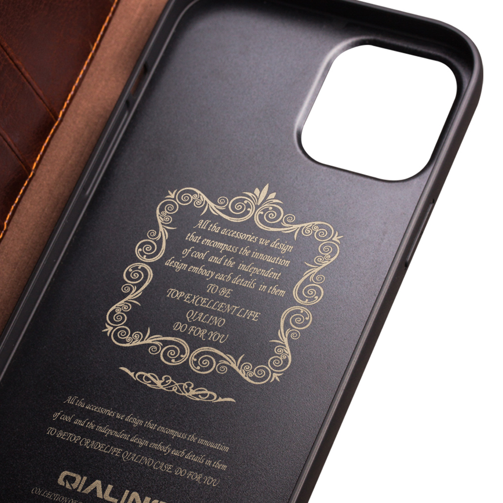 Fourre iPhone 14 Plus - Flip Qialino cuir véritable - Brun