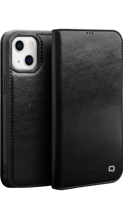 Fourre iPhone 14 - Flip Qialino cuir véritable - Noir