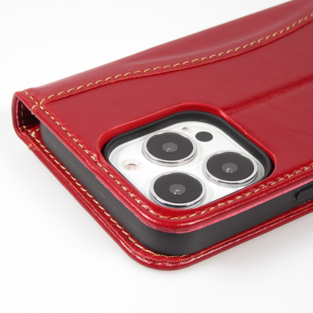 Fourre iPhone 15 Pro - Flip Fierre Shann cuir véritable - Rouge