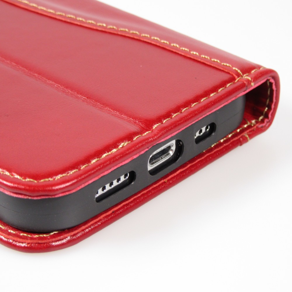 Fourre iPhone 15 Pro - Flip Fierre Shann cuir véritable - Rouge