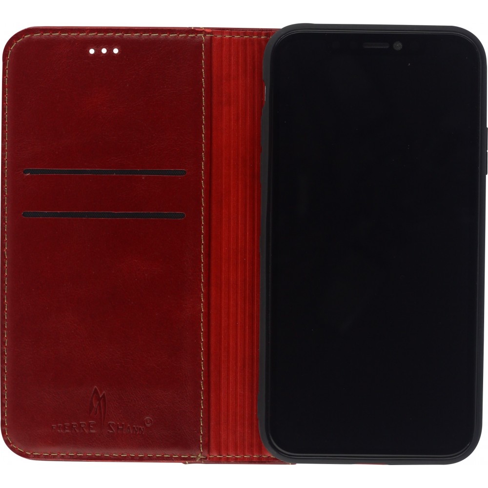 Fourre iPhone 15 Pro - Flip Fierre Shann cuir véritable - Rouge