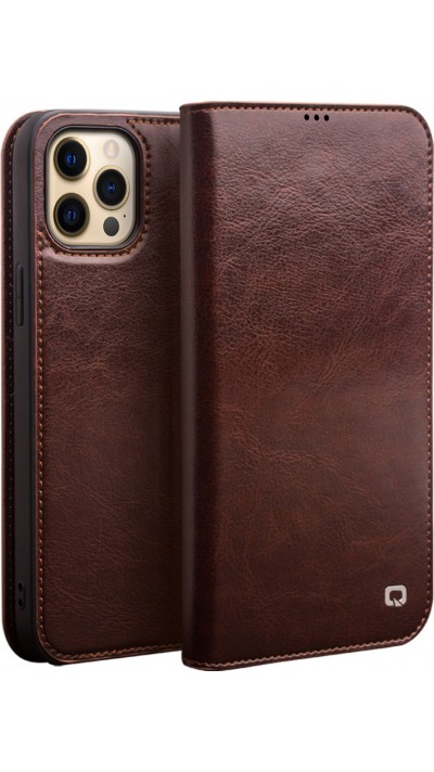 Fourre iPhone 13 Pro - Flip Qialino cuir véritable - Brun