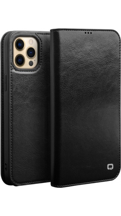 Fourre iPhone 15 Pro - Flip Qialino cuir véritable - Noir
