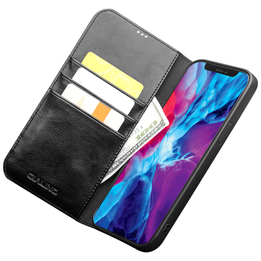 Fourre iPhone 14 Pro - Flip Qialino cuir véritable - Noir