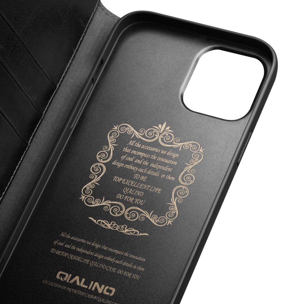 Fourre iPhone 14 Pro - Flip Qialino cuir véritable - Noir