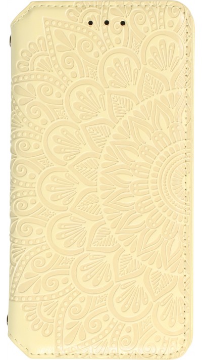 Fourre iPhone 13 Pro - Flip Wallet fashion mandala design artistique - Jaune