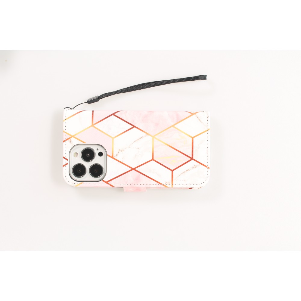 Fourre iPhone 13 Pro - Flip Wallet marble geometric lines avec fermeture à aimant - Rose