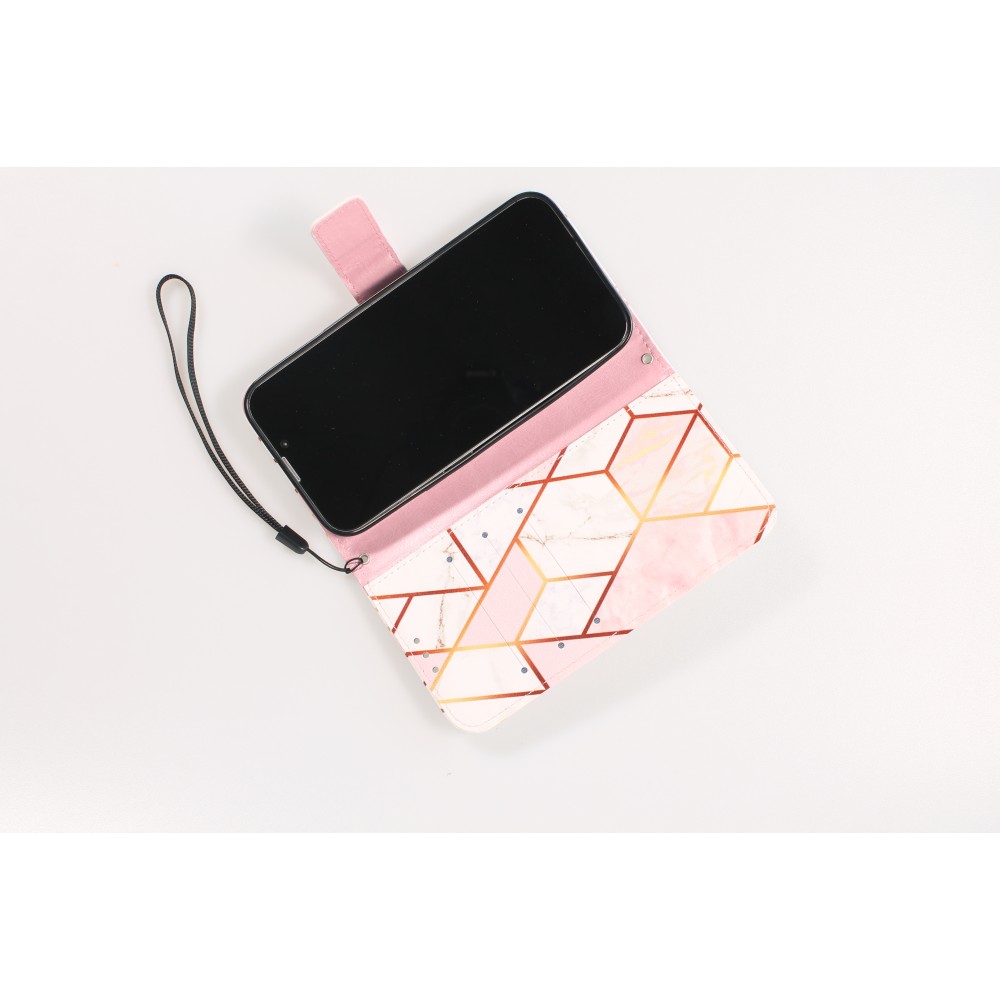 Fourre iPhone 13 Pro - Flip Wallet marble geometric lines avec fermeture à aimant - Rose