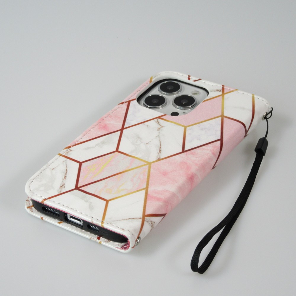 Fourre iPhone 13 Pro - Flip Wallet marble geometric lines avec fermeture à aimant - Rose
