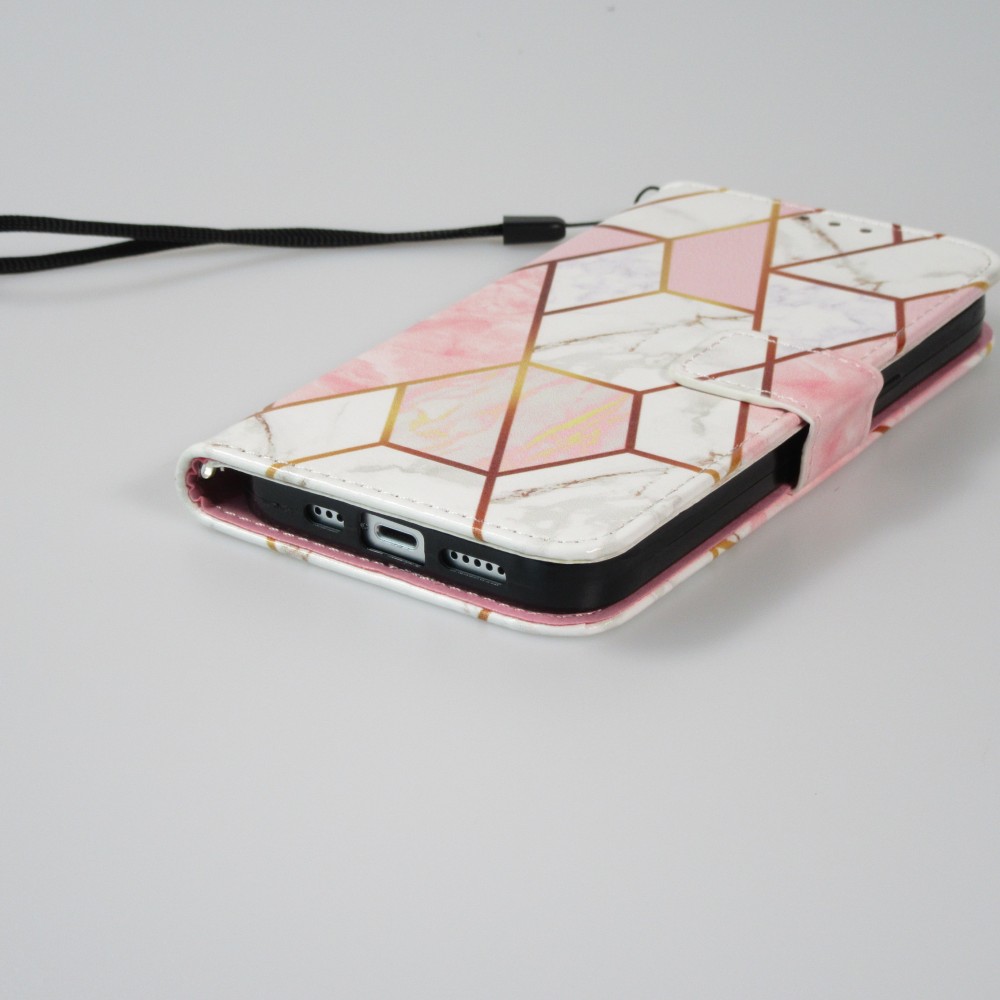 Fourre iPhone 13 Pro - Flip Wallet marble geometric lines avec fermeture à aimant - Rose