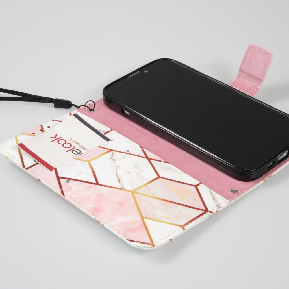 Fourre iPhone 13 Pro - Flip Wallet marble geometric lines avec fermeture à aimant - Rose
