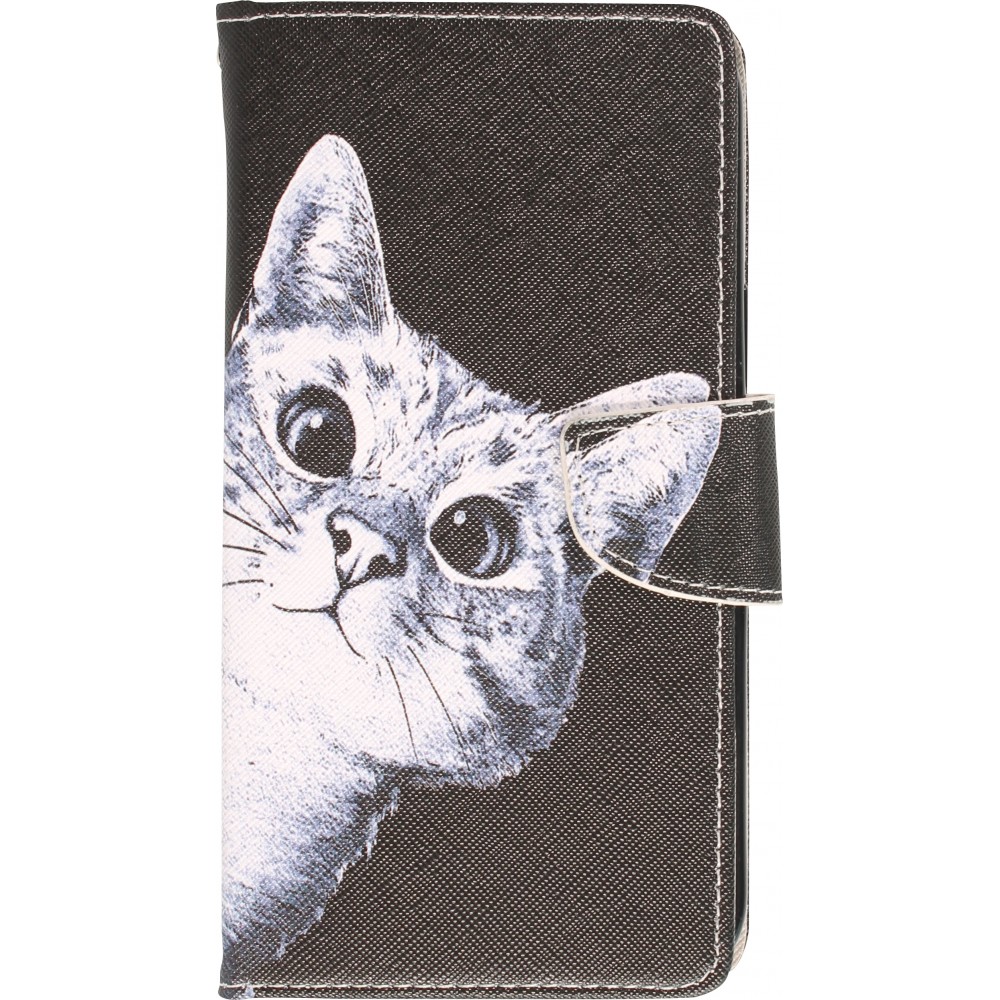 Fourre iPhone 12 / 12 Pro - Premium Wallet flip fermeture magnétique et porte-carte - Cat Looking at you - Noir