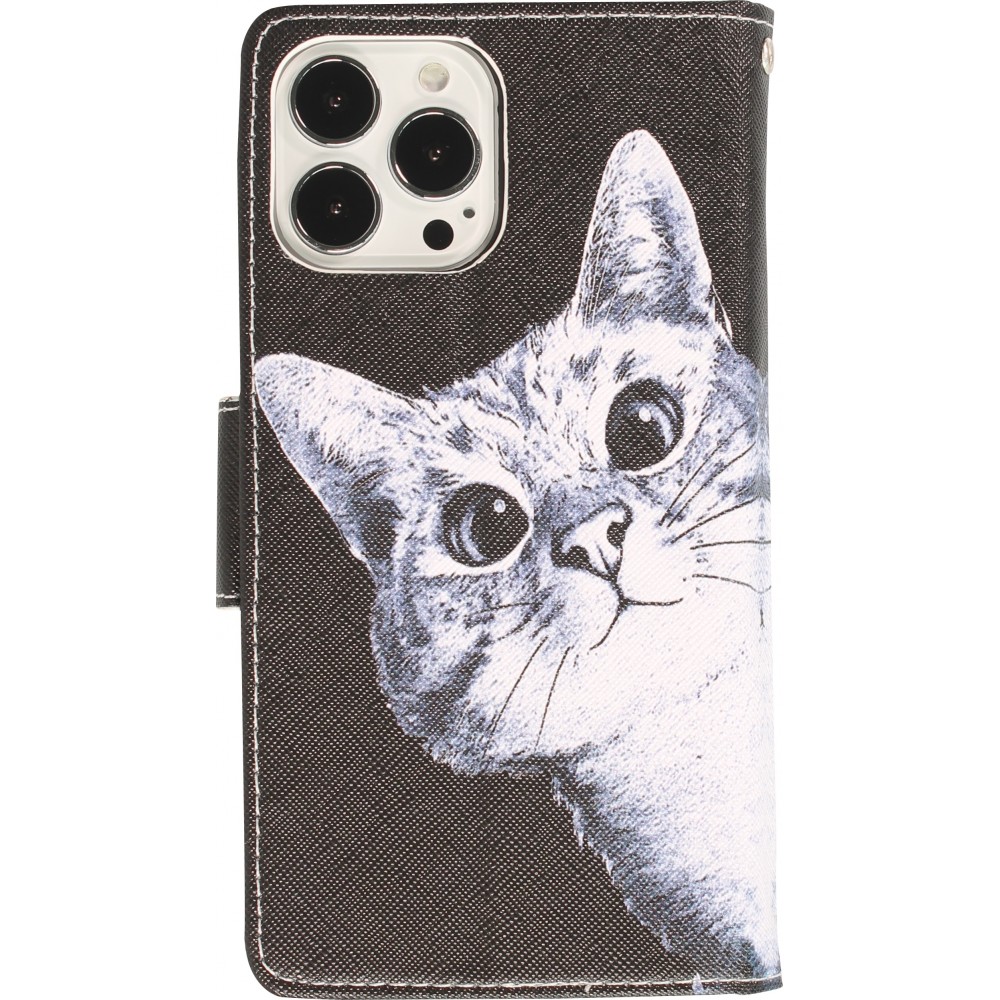 Fourre iPhone 12 / 12 Pro - Premium Wallet flip fermeture magnétique et porte-carte - Cat Looking at you - Noir