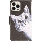 Fourre iPhone 12 / 12 Pro - Premium Wallet flip fermeture magnétique et porte-carte - Cat Looking at you - Noir