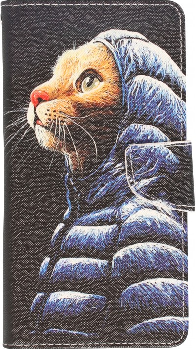 Fourre iPhone 13 Pro - Premium Wallet flip fermeture magnétique et porte-carte - Chat en doudoune - Noir