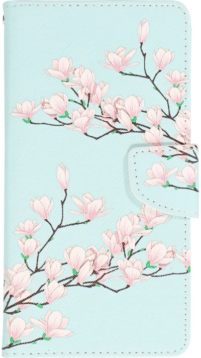 Fourre iPhone 12 / 12 Pro - Premium Wallet flip fermeture magnétique et porte-carte - Fleures Sakura - Bleu clair