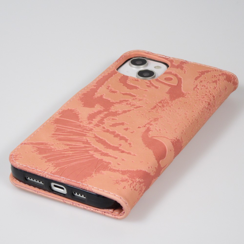 Fourre iPhone 14 Plus - Flip 3D en similicuir Oeil du tigre - Rose