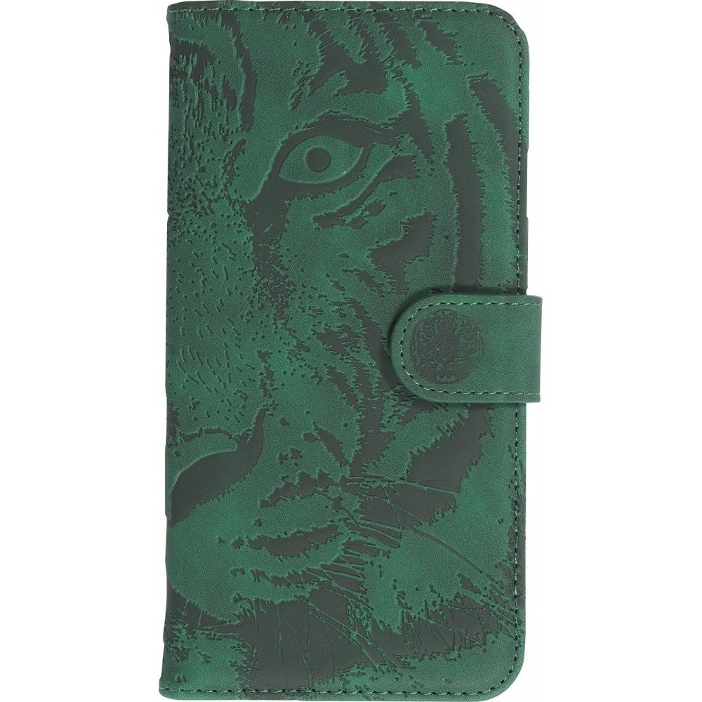 Fourre iPhone 15 Plus - Flip 3D en similicuir Oeil du tigre - Vert