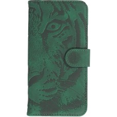 Fourre iPhone 15 Plus - Flip 3D en similicuir Oeil du tigre - Vert