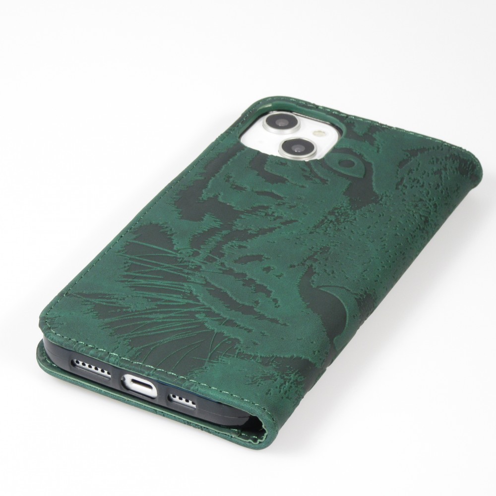 Fourre iPhone 15 Plus - Flip 3D en similicuir Oeil du tigre - Vert