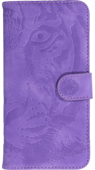 Fourre iPhone 14 - Flip 3D en similicuir Oeil du tigre - Violet