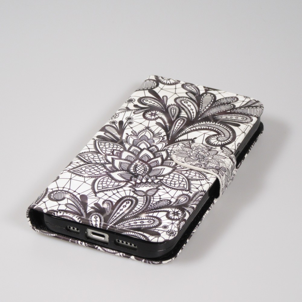 Fourre iPhone 14 - Flip - Black & White Mandala - Blanc