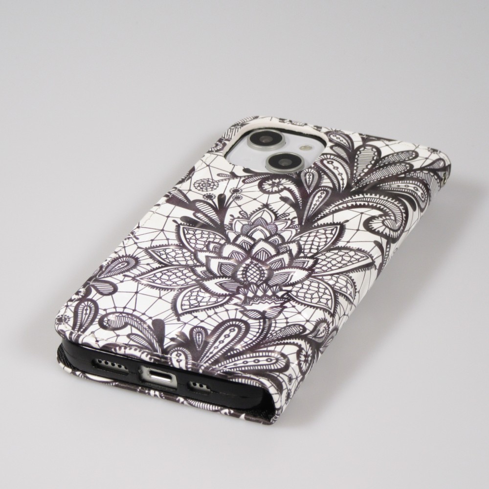 Fourre iPhone 14 - Flip - Black & White Mandala - Blanc