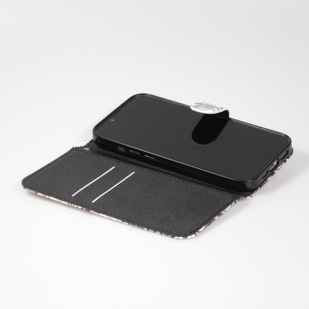 Fourre iPhone 14 - Flip - Black & White Mandala - Blanc