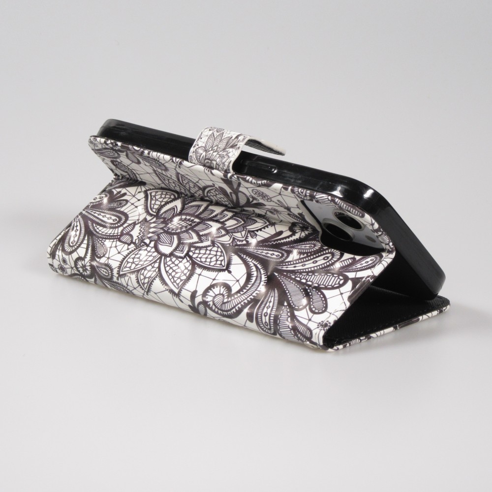 Fourre iPhone 14 - Flip - Black & White Mandala - Blanc