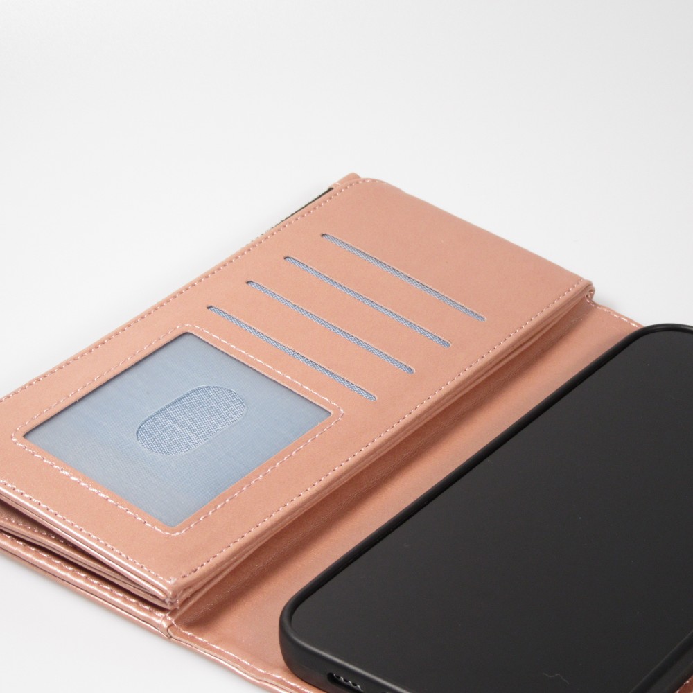 Fourre iPhone 14 Pro - Etui portefeuille luxueux et sophistiqué en cuir avec aimant et compartiment à monnaie - Rose