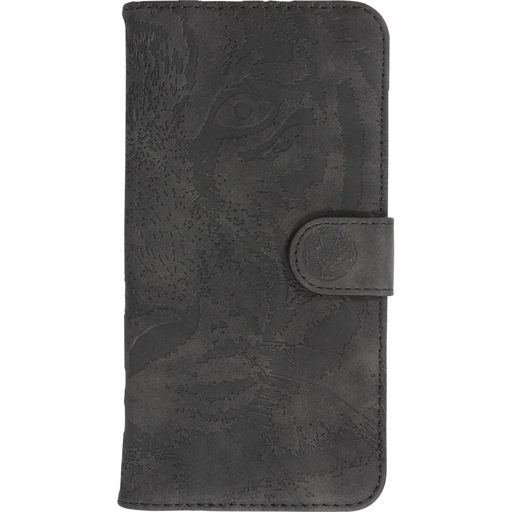 Fourre iPhone 15 Pro Max - Flip 3D en similicuir Oeil du tigre - Noir