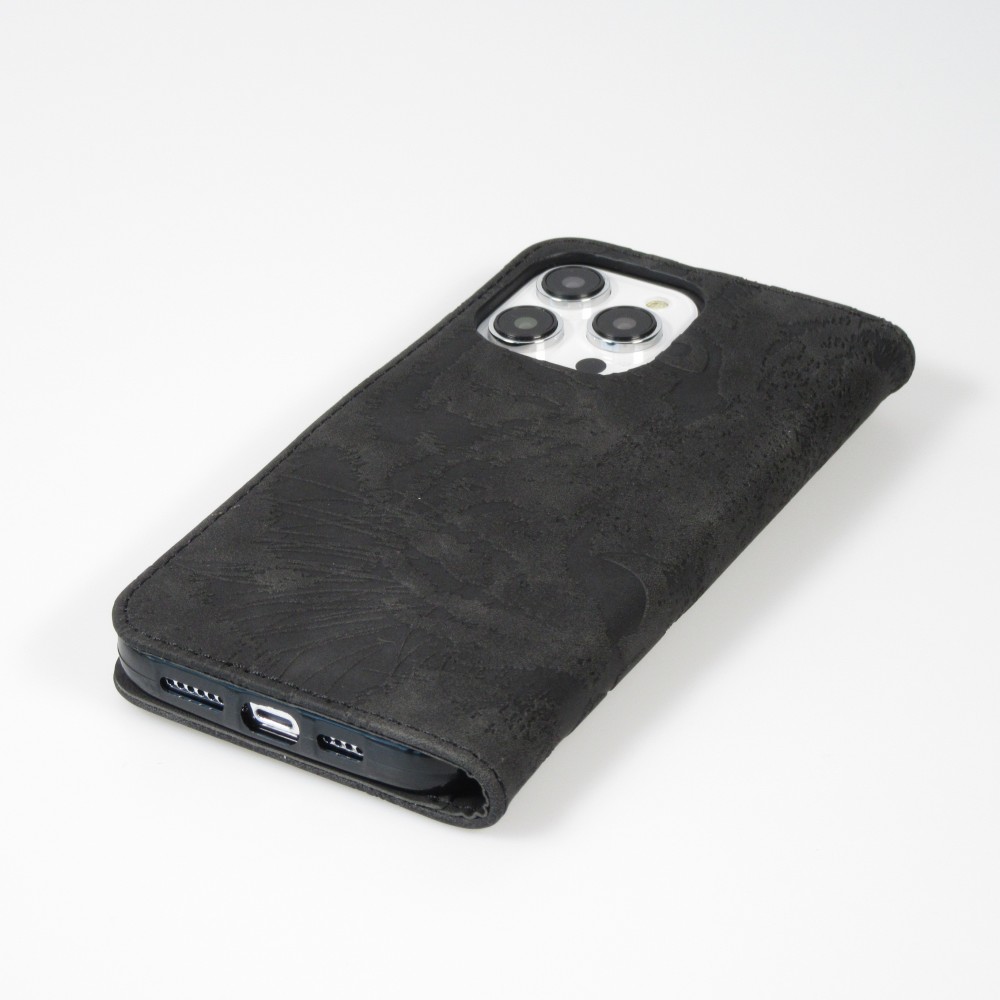 Fourre iPhone 15 Pro Max - Flip 3D en similicuir Oeil du tigre - Noir