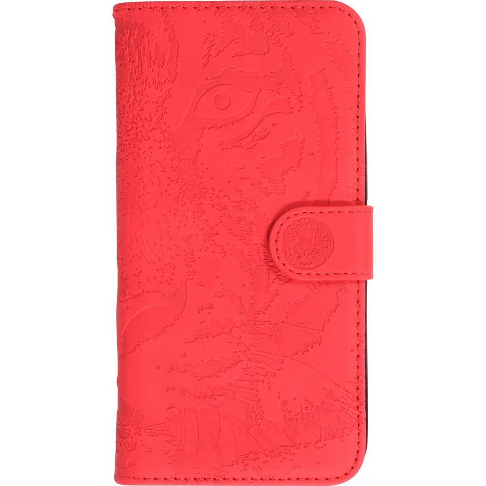 Fourre iPhone 15 Pro Max - Flip 3D en similicuir Oeil du tigre - Rouge