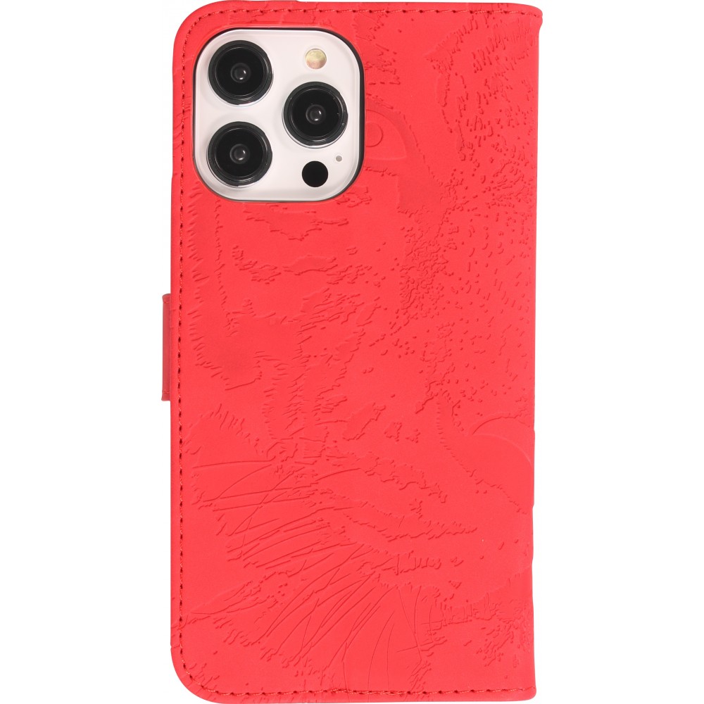 Fourre iPhone 15 Pro Max - Flip 3D en similicuir Oeil du tigre - Rouge
