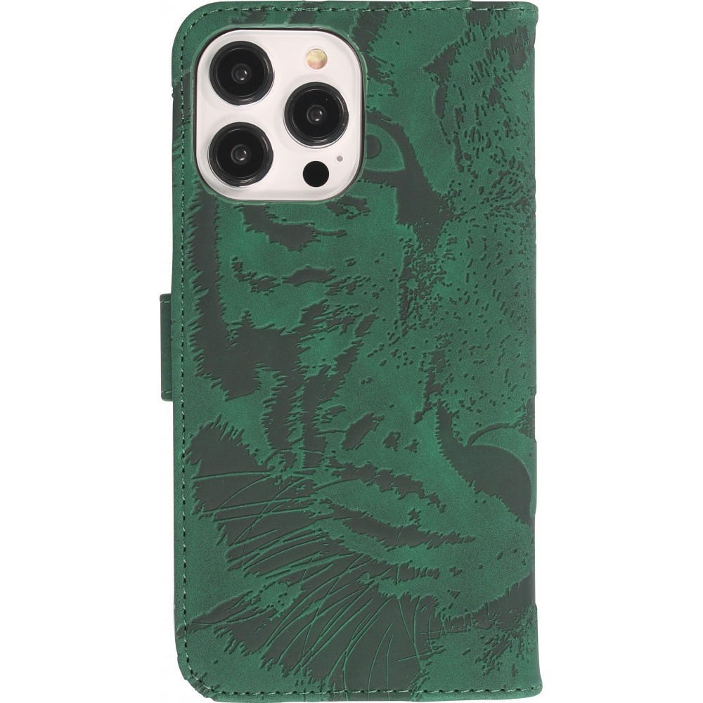 Fourre iPhone 14 Pro Max - Flip 3D en similicuir Oeil du tigre - Vert