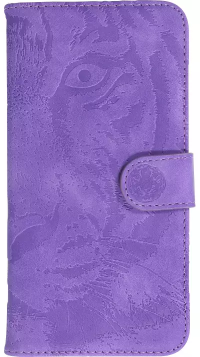 Fourre iPhone 14 Pro - Flip 3D en similicuir Oeil du tigre - Violet