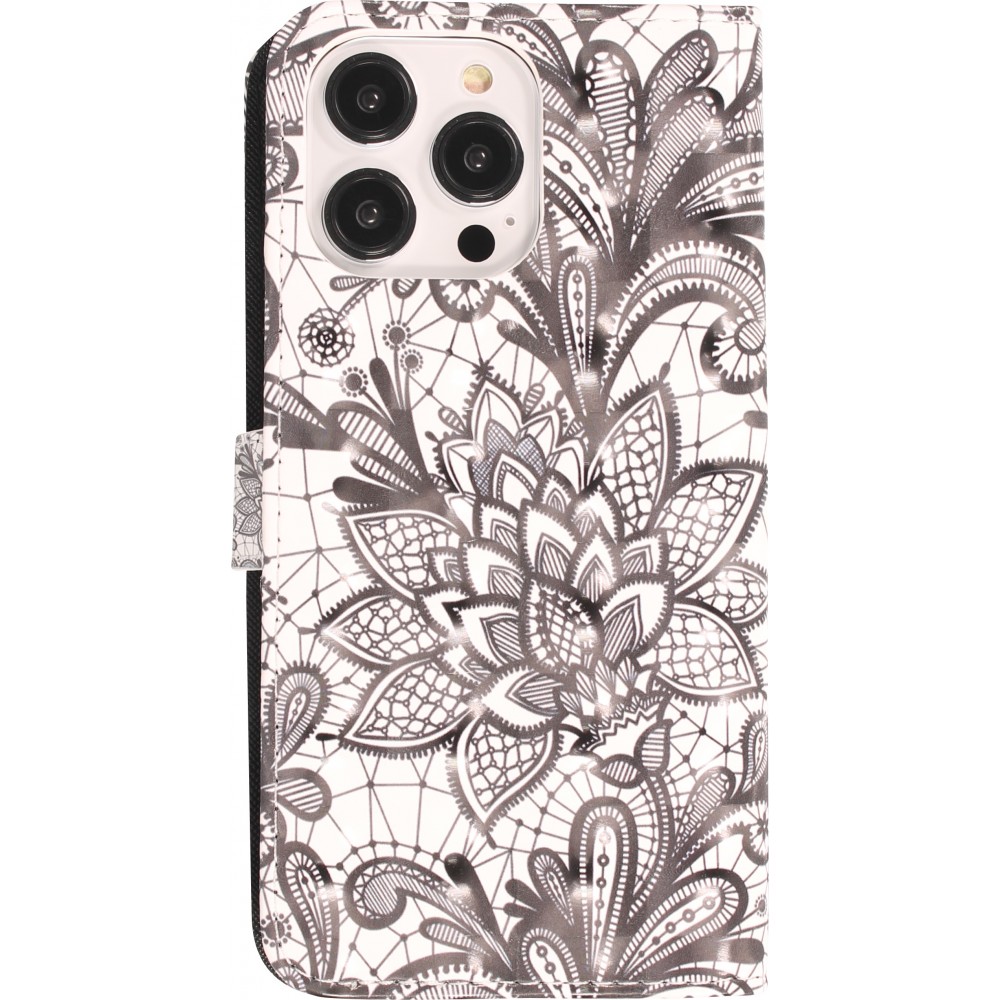 iPhone 14 Pro Case Hülle - Flip - Black & White Mandala - Weiss