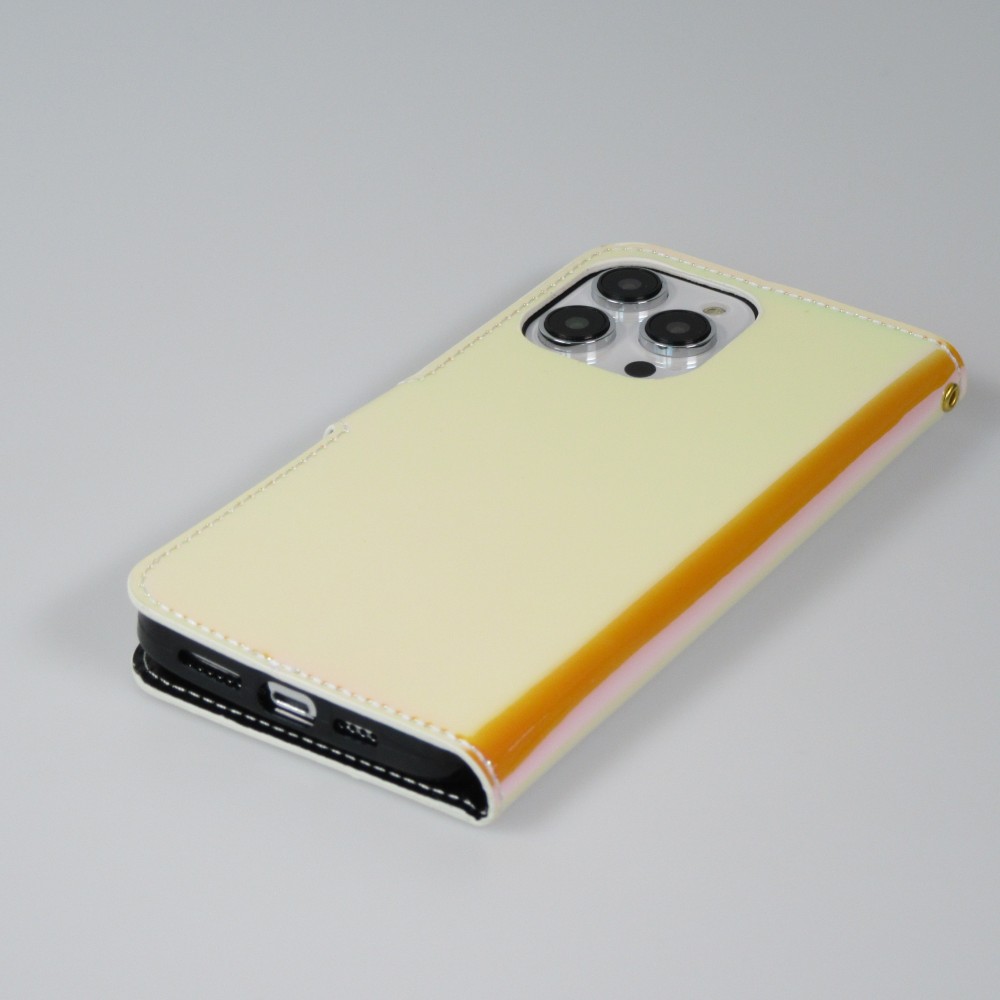 Fourre iPhone 14 Pro Max - Flip lisse brillant couleur magique avec dragonne - Tequila Sunrise