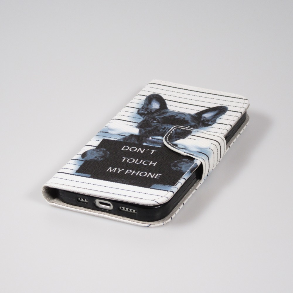 Fourre iPhone 14 Pro Max - Premium Wallet flip fermeture magnétique et porte-carte - chien arrêté - Blanc
