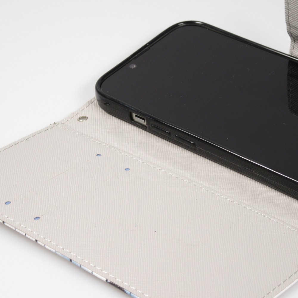 Fourre iPhone 14 Pro Max - Premium Wallet flip fermeture magnétique et porte-carte - chien arrêté - Blanc