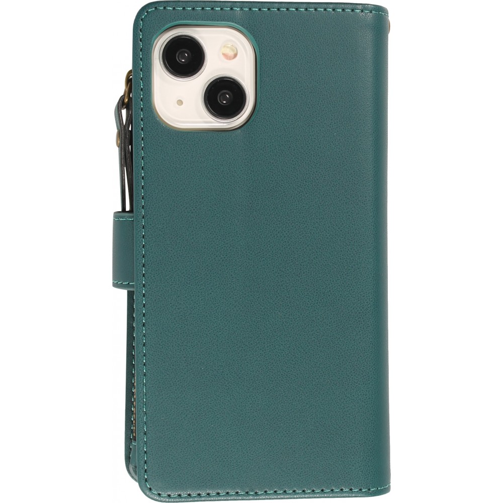 Fourre iPhone 15 - Etui portefeuille luxueux et sophistiqué en cuir avec aimant et compartiment à monnaie - Vert