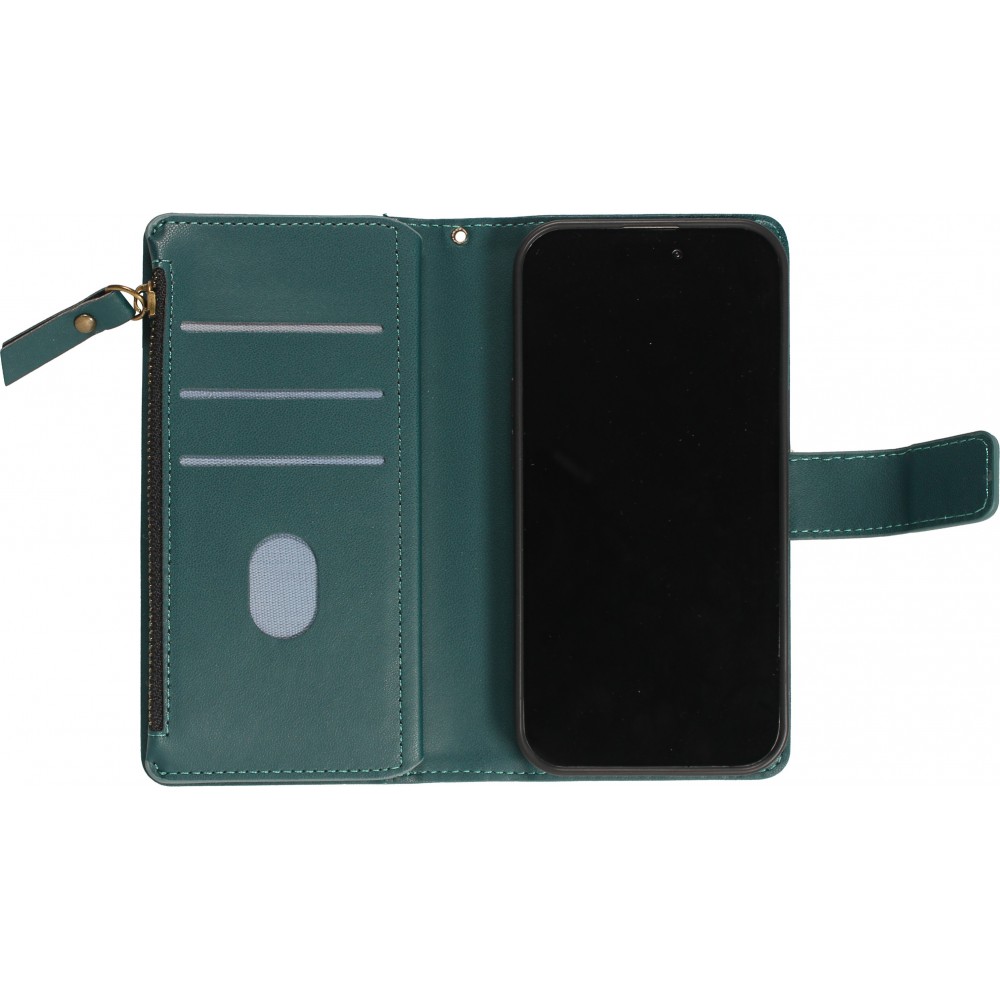 Fourre iPhone 15 - Etui portefeuille luxueux et sophistiqué en cuir avec aimant et compartiment à monnaie - Vert