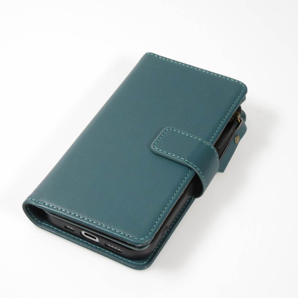Fourre iPhone 15 - Etui portefeuille luxueux et sophistiqué en cuir avec aimant et compartiment à monnaie - Vert