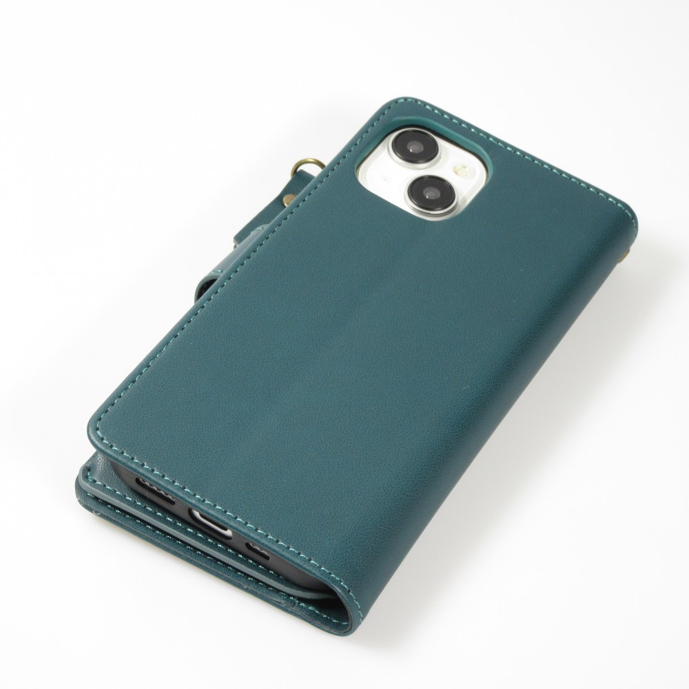 Fourre iPhone 15 - Etui portefeuille luxueux et sophistiqué en cuir avec aimant et compartiment à monnaie - Vert