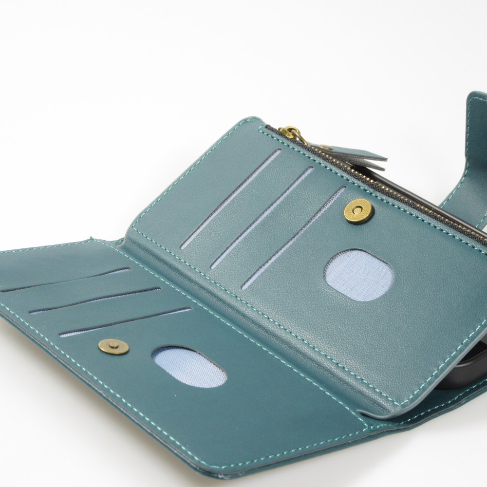 Fourre iPhone 15 - Etui portefeuille luxueux et sophistiqué en cuir avec aimant et compartiment à monnaie - Vert