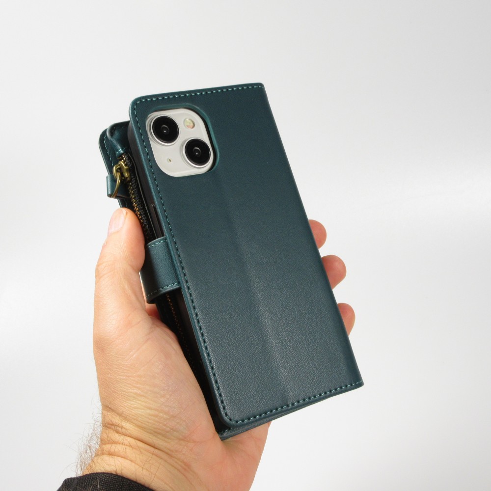 Fourre iPhone 15 - Etui portefeuille luxueux et sophistiqué en cuir avec aimant et compartiment à monnaie - Vert