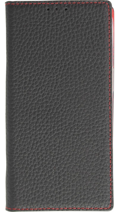 Fourre iPhone 15 - Flip 3D cuir grainé véritable de vache - Noir/rouge