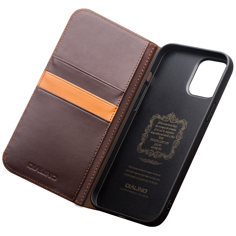 Fourre iPhone 15 - Flip Qialino cuir véritable - Brun foncé mat