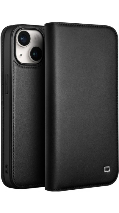 Fourre iPhone 15 - Flip Qialino cuir véritable - Noir mat