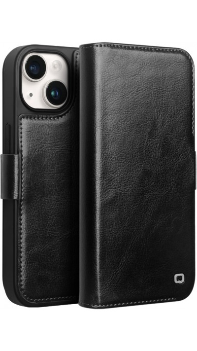 Fourre iPhone 14 Plus - Flip Qialino cuir véritable avec fermeture magnétique - Noir